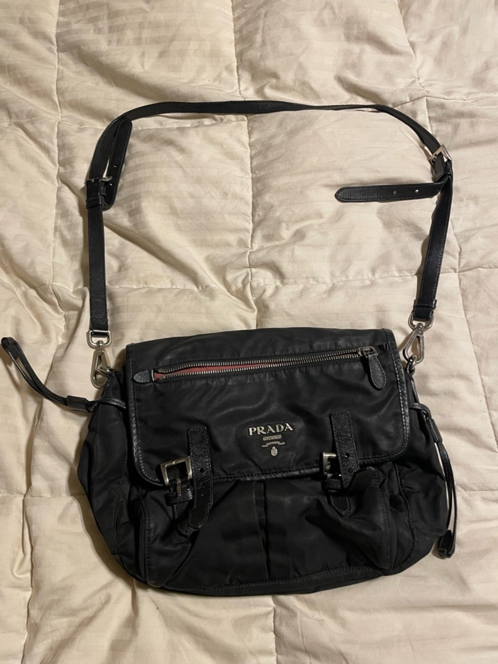Prada Black Nylon Messenger Bag with Silver Hardware
